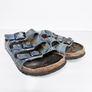 Birkenstock Papillo Florida Damask Blue 3 Strap Denim Jeans Sandals Size 5